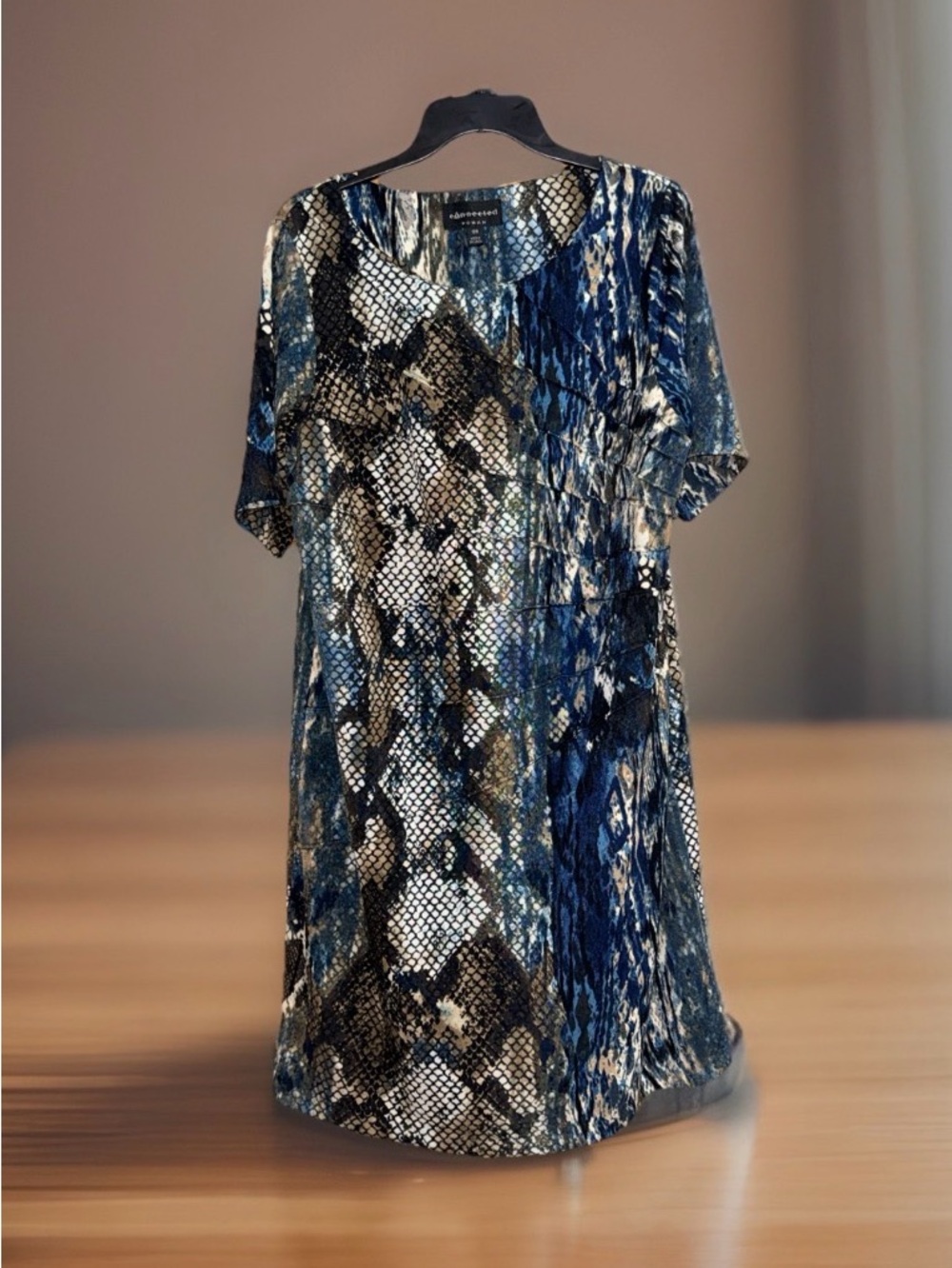 connected apparel Blue & Brown Abstract Snake-Print Dress w/Ruched Detail-18W-EC